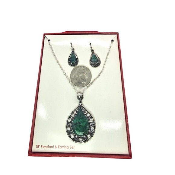 Silver Tone Necklace & Earring Set Faux Mother Of Pearl Enamel - Picture 6 of 13